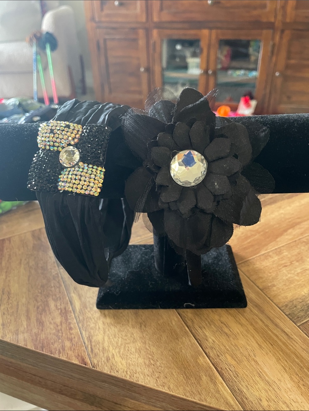 2 black headbands with decorative accent